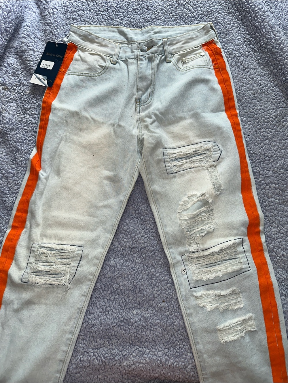 White Distressed Men’s Jeans with Orange Side Stripe